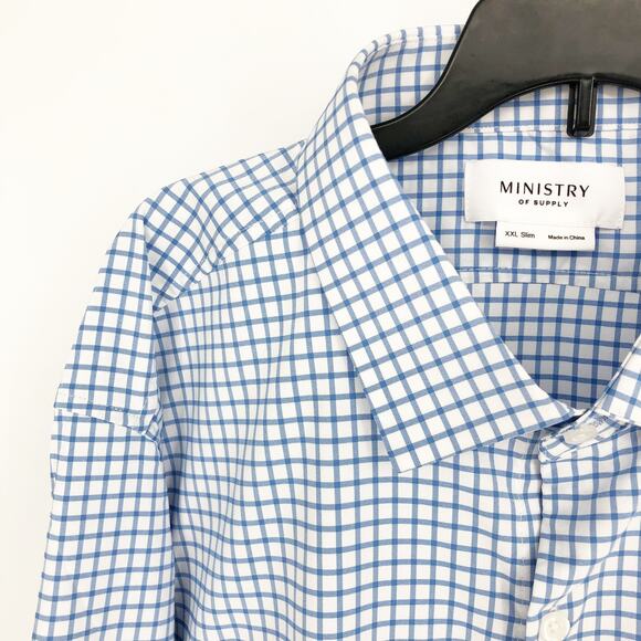 MINISTRY OF SUPPLY Men's Aero Dress Shirt XXL Slim Blue Grid Button Up NWT - Picture 4 of 10